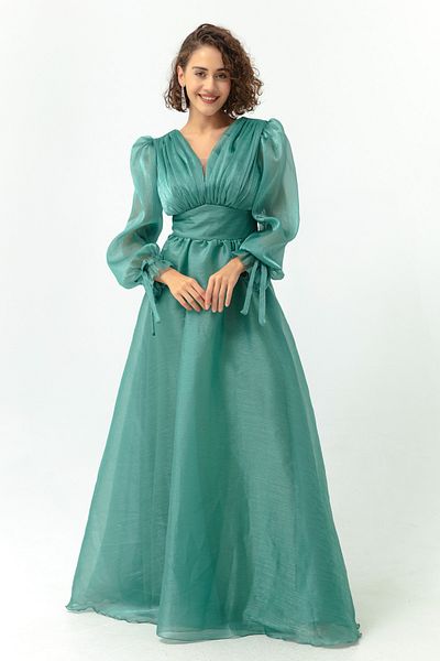 Lafaba Rochie de seară lungă de damă, verde mentă, cu mâneci cu balon, cu decolteu în V