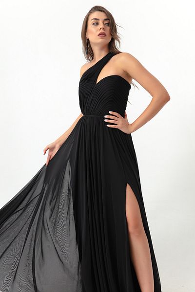 Lafaba Women's Black One-Shoulder Slit Long Evening Dress