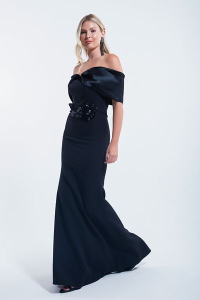 OFZE Black Long Bow Boat Neck Women's Evening Dress