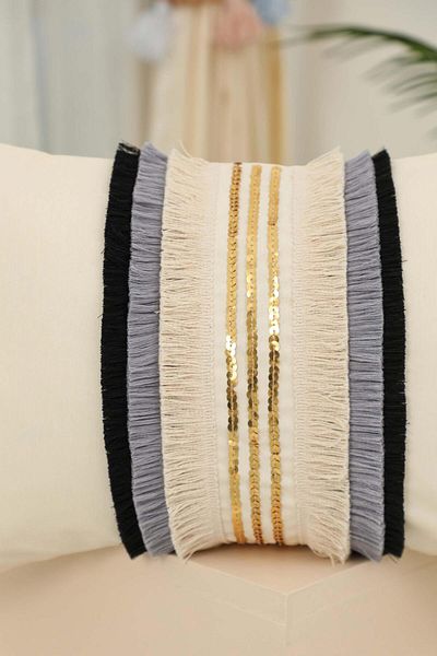 Aisha's Design Decorative Throw Pillow Cover with Sequin Stripe and Fringe Detail, K-391