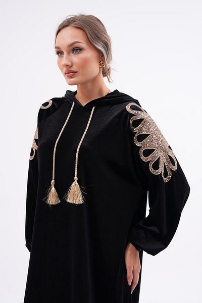 Eceyaman moda Women's Black Hooded Shoulder with Sequins Embroidery Black Velvet Dress