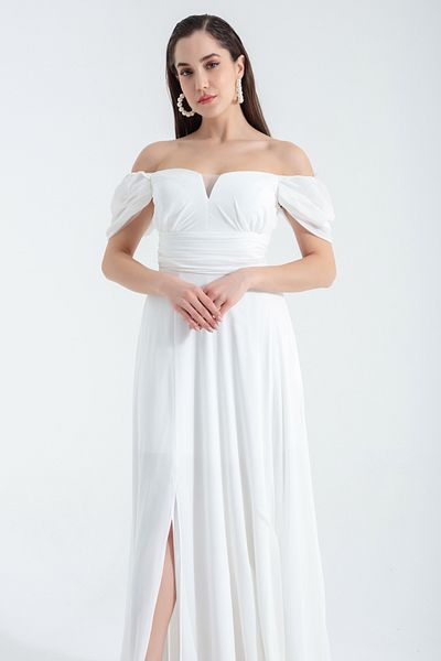 Lafaba Weißes, schulterfreies Abendkleid aus Tüll mit Schlitzdetail für Damen