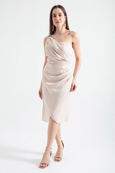 Lafaba Women's Beige One Shoulder Midi Satin Evening Dress