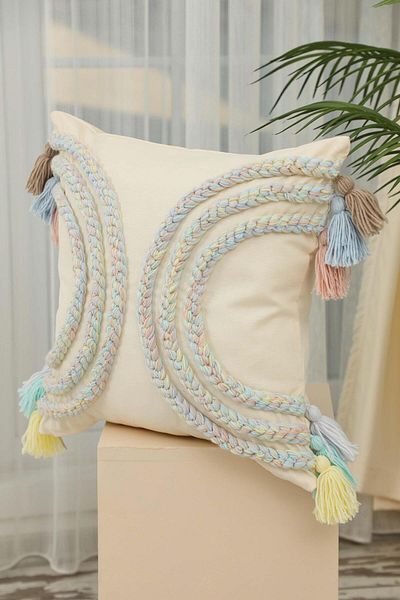 Aisha's Design Handmade Knitted and Tassel Detailed Bohemian Decorative Throw Pillow Cover, K-388