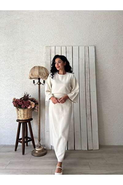 KÜÇÜĞÜM BUTİK Long Cream Stamp Blouse-Skirt Set (Bluz-Skirt)
