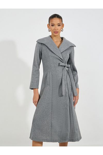 Styli Tie-Up Detail Flared Wool Like Blazer Midi Dress