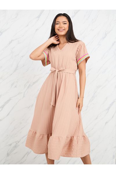 Styli Lace Embroidered Short Sleeves A-Line Midi Dress with Self Tie Up