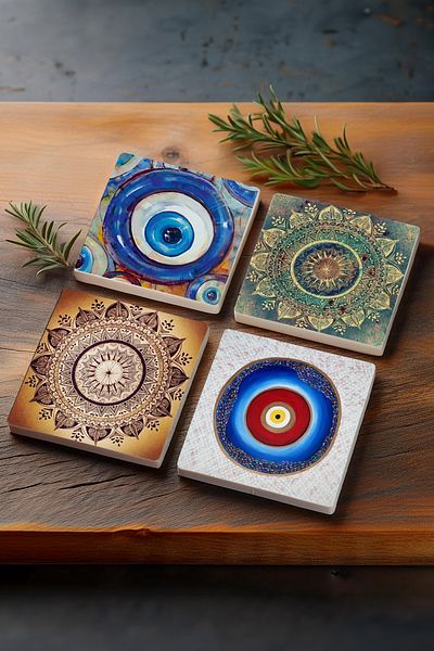 Pinecone عين الشر، قاعدة أكواب ماندالا الحجرية لسطح المكتب مكونة من 4 قطع مقاس 10 × 10 سم قواعد أكواب حجرية Sc401