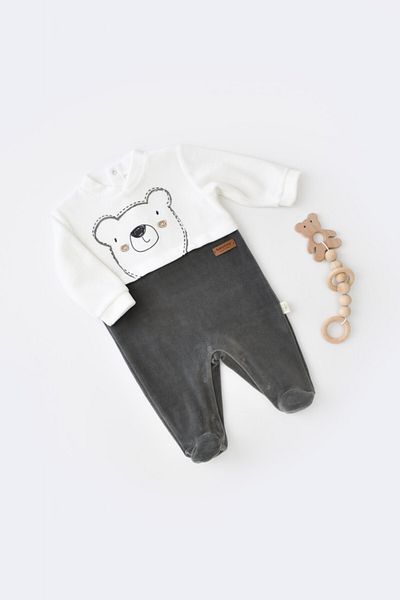 BabyCosy Salopeta Ursulet cu maneca lunga si botosei  Antracit, BabyCosy, 3-6 luni