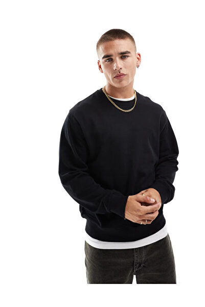 MAXIMILLIAN Men's Crew Neck Raised Winter Loose Sweatshirt Black