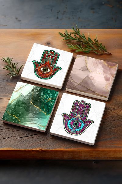 Pinecone Abstract Art, Hand of Mother Fatima (HAMSA) Stone Coaster Desktop Protective Coaster 4 Piece Set 10x10cm