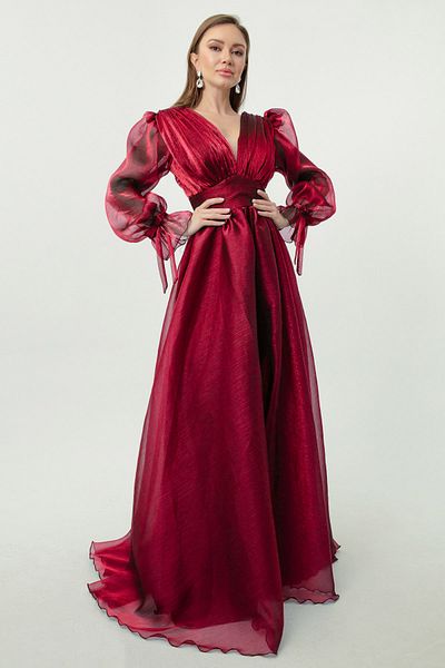 Lafaba Women's Red Balloon Sleeve V-Neck Long Evening Dress