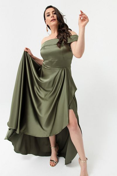 Lafaba فستان سهرة نسائي من الساتان ذو رقبة قارب كاكي مقاس كبير وفستان تخرج