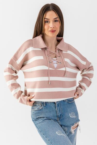 Irmak Kerekli بلوزة نسائية محبوكة كبيرة الحجم برباط وياقة بولو من مسحوق إكرو ...