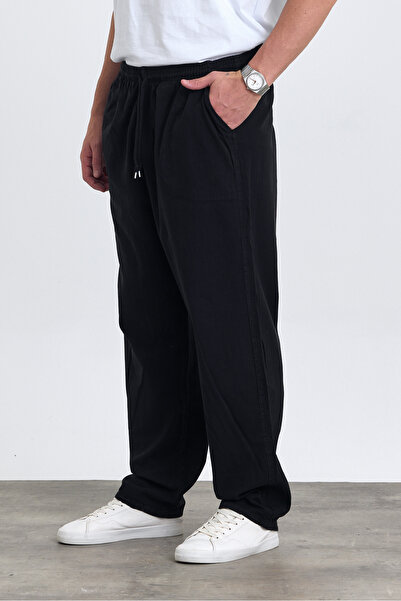 MAXIMILLIAN Ανδρικό παντελόνι με φαρδιά εφαρμογή ΜΑΥΡΟ λινό μείγμα