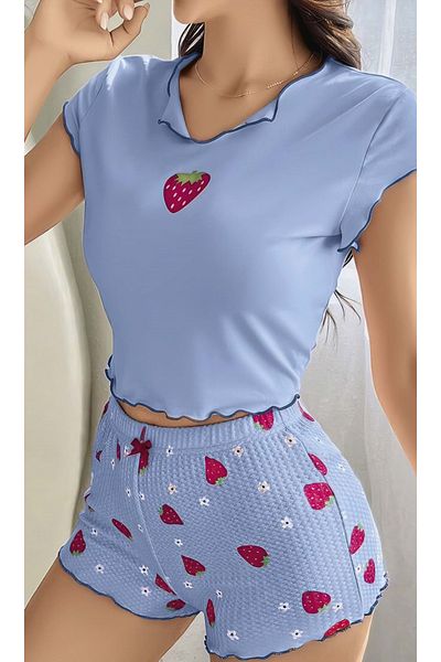 PAVİLYA Costum albastru cu imprimeu sexy cu căpșuni, cu pantaloni scurți sexy, set de pijamale pentru lenjerie de noapte