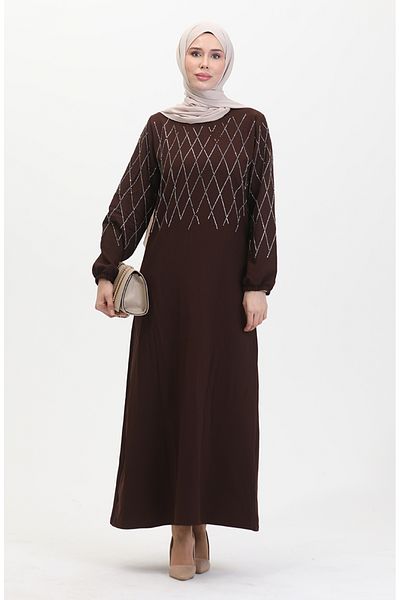 sefamerve Braunes Abendkleid mit Steindetails – 0525-02