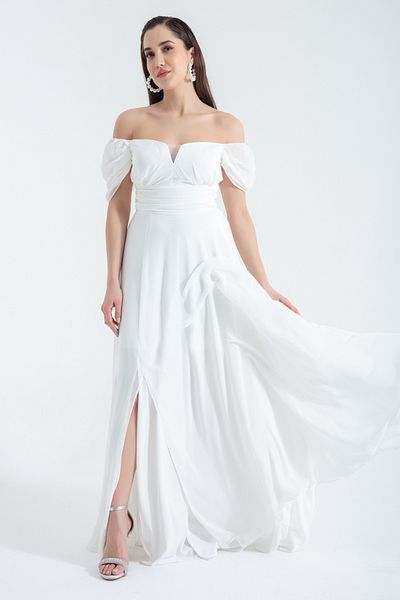 Lafaba Weißes, schulterfreies Abendkleid aus Tüll mit Schlitzdetail für Damen