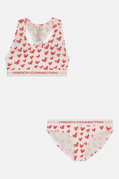 French Connection Women 2 Piece Allover Print Bra Let With Pantie, White