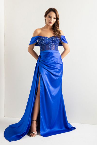 Lafaba Women's Sax Boat Neck Underwire Corset Long Evening Dress