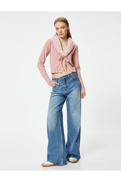 Koton Faux Fur Collar Crop Cardigan - Slim Fit with Tie Detail