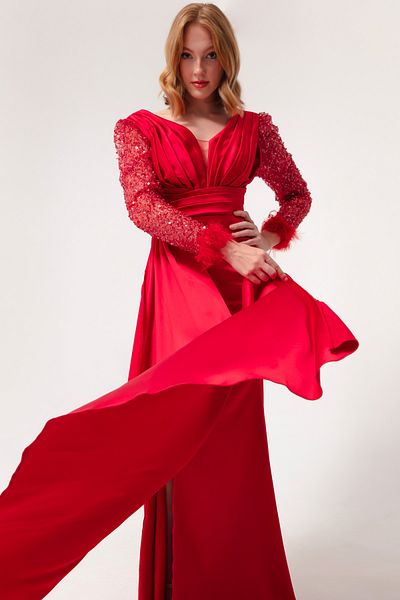 Lafaba Rotes Damen-Abendkleid mit V-Ausschnitt und Steinschlitzen