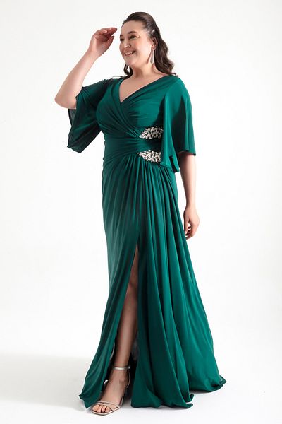 Lafaba Emerald Green Stone Detailed Large Size Long Women's Evening Dress