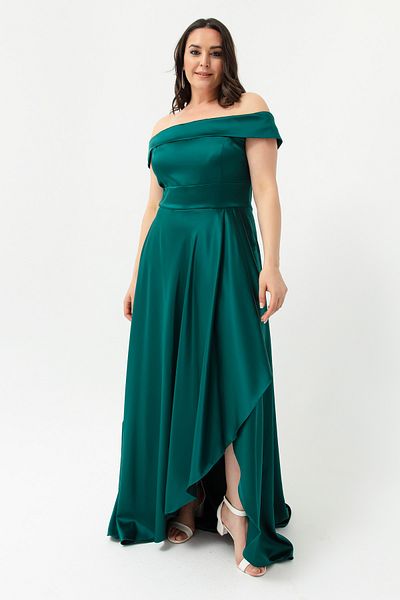 Lafaba Women's Emerald Green Boat Neck Plus Size Satin Evening Dress & Graduation Dress