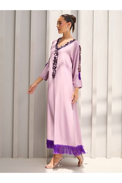 Styli Bead Embroidered Fringe Hem Jalabiya