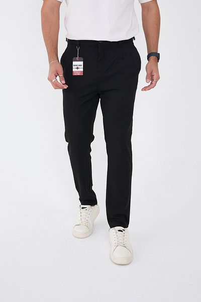 BROCARD Men's Winter Buckle Belt Italian Cut Boyfriend Fit Comfortable Black Fabric Trousers