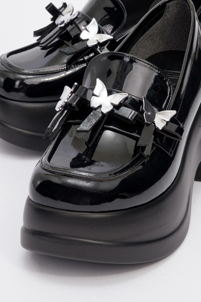 LuviShoes Indios черни лачени дамски ежедневни обувки на ток с катарама на пеперуда