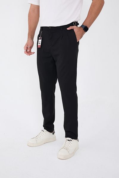BROCARD Men's Winter Buckle Belt Italian Cut Boyfriend Fit Comfortable Black Fabric Trousers