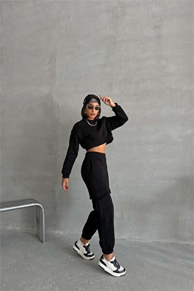 Dipmoda Γυναικείο μαύρο σετ αθλητικής φόρμας πλαϊνή τσέπη τεμαχίων DPG041