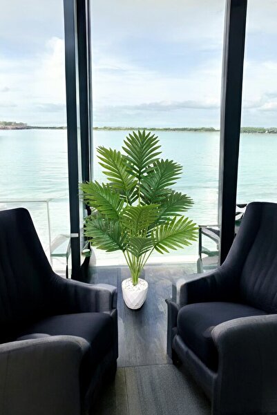 SY Vista Yapay Palmiye - Areka Palmiyesi 90 CM 18 Yapraklı Desenli Beyaz Saksılı