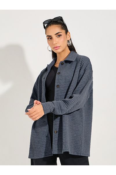 Styli Oversized Longline Textured Button Down Shacket