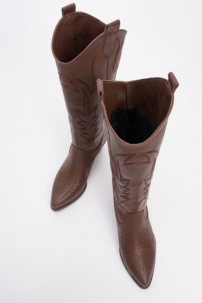 LuviShoes Γυναικείες μπότες Western με χοντρό τακούνι LİANA Brown Skin