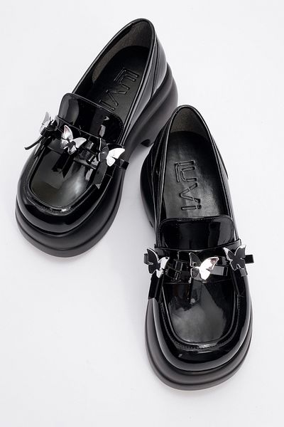 LuviShoes Indios черни лачени дамски ежедневни обувки на ток с катарама на пеперуда