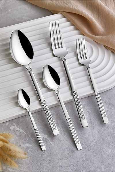 Kısmet Zagori 60 Pieces Boxed Patterned 12 Person Steel Flat Fork Spoon Set Set