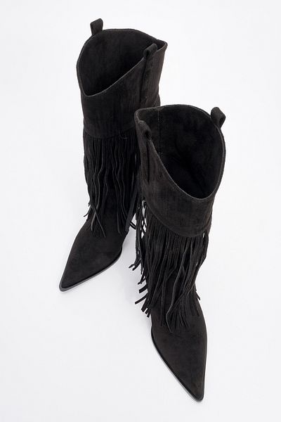 LuviShoes Γυναικείες μπότες με τακούνι GUERAS Μαύρες φούντες με μυτερή μύτη