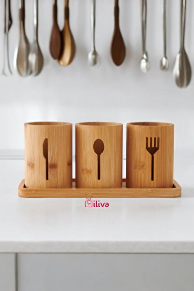 İLİVA 4 Pieces Bamboo Spoon Holder Organizer - Upright Countertop Serving Stand