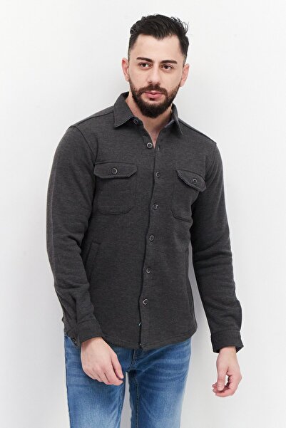 Tailor Vintage Men Spread Collar Long Sleeve Solid Sweatshirt, Grey