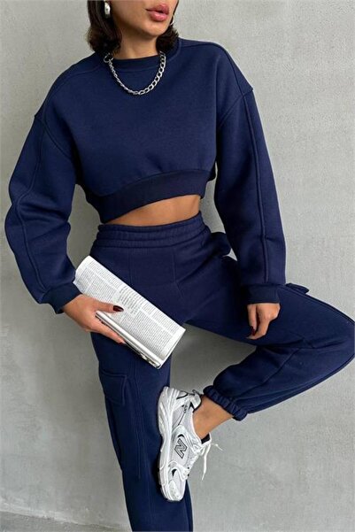 Dipmoda Γυναικείο σετ αθλητικής φόρμας ναυτικό μπλε πλαϊνή τσέπη τεμαχίων DPG041