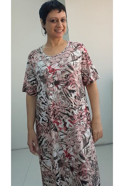 Mertcan Butik Black Red Ecru Print Short-Sleeved Combed Cotton Viscose Dress