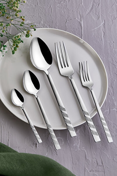 Kısmet Zagori 60 Pieces Boxed Patterned 12 Person Steel Flat Fork Spoon Set Set