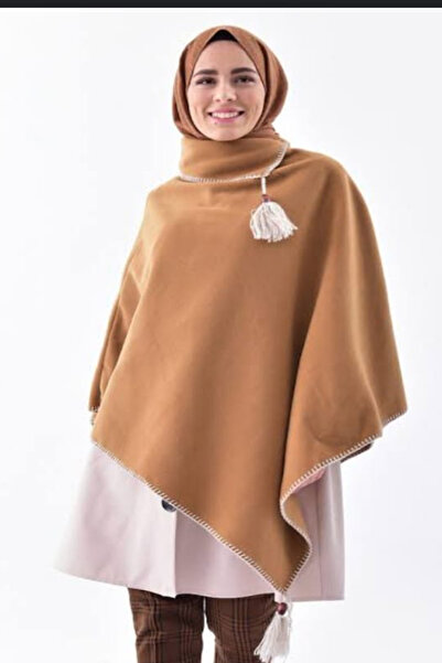 Cockatoo Women's Shawl Collar Shepherd Stitched Tassel Detailed Stylish Designed Hijab Fleece Poncho