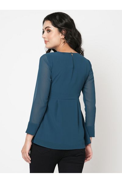 Mish By Styli Pleated Round Neck Top with Embellished Waist