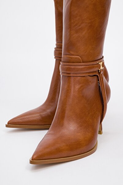 LuviShoes Dámské kozačky na podpatku Meli̇nka Tan Skin Pointed Toe