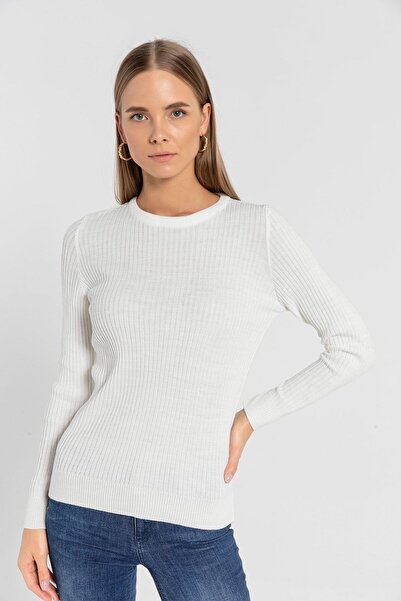 Miss Poem Women's Crew Neck Long Sleeve Winter Ecru Knitwear Sweater