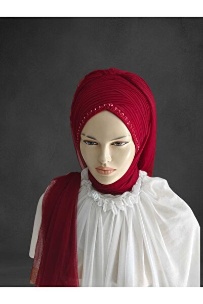 NurAy Turban gata cu voal burgundy, șal gata, voal gata