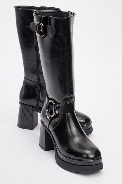LuviShoes Γυναικείες μπότες με τακούνι πλατφόρμας ROCK Black Skin Buckle με φερμουάρ